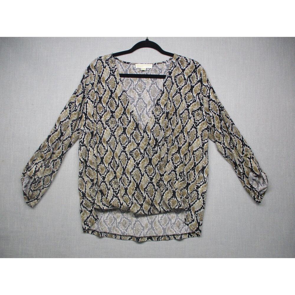 Michael Kors Black Snakeskin Print Trendy Chic VNeck Blouse Womens Size XL